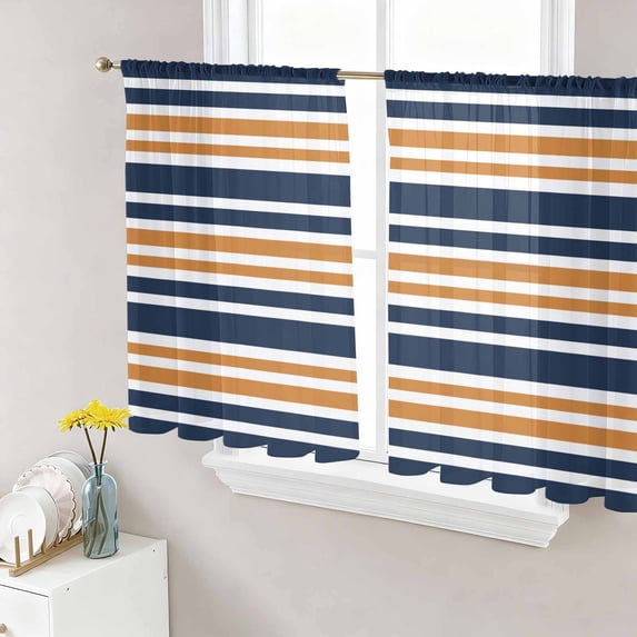 Sheer Curtains 54 Inch Length 2 Panels Set for Kitchen, Orange Navy Blue Striped Semi Sheer Curtains for Windows, Gradient Horizontal Lines Voile Window Treatments Rod Pocket Curtain