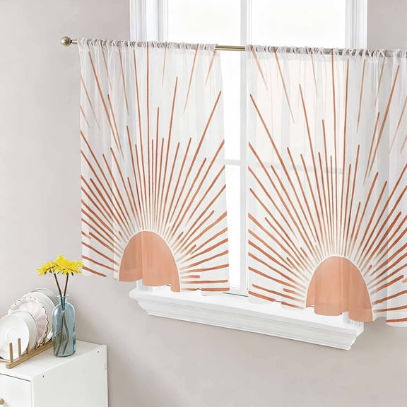 Sheer Curtains 54 Inch Length 2 Panels Set for Kitchen, Orange Sunshine Semi Sheer Curtains for Windows, Lines Retro Abstract Middle Century Voile Window Treatments Rod Pocket Curtain