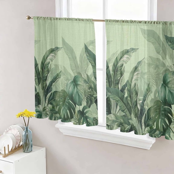 Sheer Curtains 54 Inch Length 2 Panels Set for Kitchen, Palm Leaves Tropical Semi Sheer Curtains for Windows, Green Botanical Summer Green Ombre Voile Window Treatments Rod Pocket Curtain