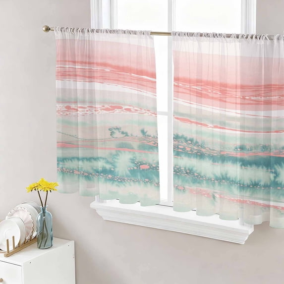 Sheer Curtains 54 Inch Length 2 Panels Set for Kitchen, Peach Blue Ombre Semi Sheer Curtains for Windows, Abstract Modern Art Fluid Striped Voile Window Treatments Rod Pocket Curtain