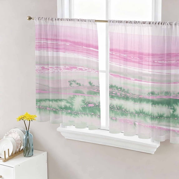 Sheer Curtains 54 Inch Length 2 Panels Set for Kitchen, Pink Green Ombre Semi Sheer Curtains for Windows, Abstract Modern Art Fluid Striped Voile Window Treatments Rod Pocket Curtain