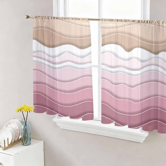 Sheer Curtains 54 Inch Length 2 Panels Set for Kitchen, Pink Ombre Stripe Semi Sheer Curtains for Windows, Abstract Summer Beach Coastal Voile Window Treatments Rod Pocket Curtain