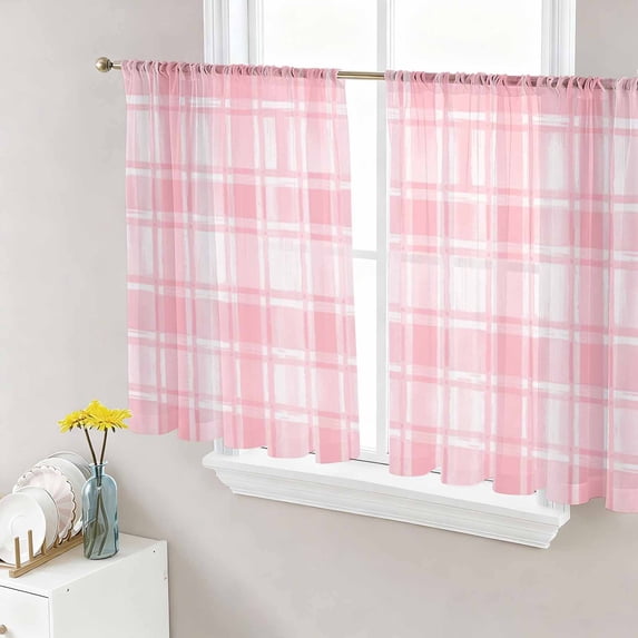 Sheer Curtains 54 Inch Length 2 Panels Set for Kitchen, Pink Plaid Semi Sheer Curtains for Windows, Modern Art Checkered Farmhouse Voile Window Treatments Rod Pocket Curtain