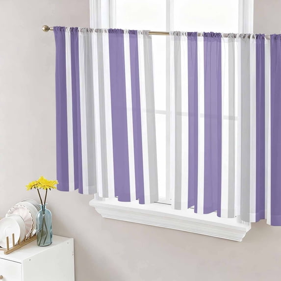 Sheer Curtains 54 Inch Length 2 Panels Set for Kitchen, Purple Grey Stripe Semi Sheer Curtains for Windows, Farmhouse Minimalist Striped Voile Window Treatments Rod Pocket Curtain