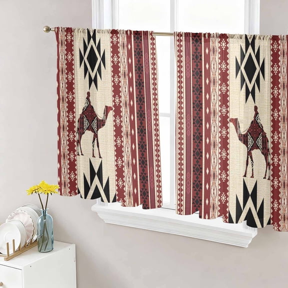 Sheer Curtains 54 Inch Length 2 Panels Set for Kitchen, Red Beige Boho Semi Sheer Curtains for Windows, Vintage Abstract Art Ethnic Tribe Voile Window Treatments Rod Pocket Curtain