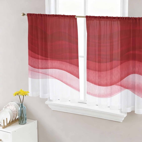 Sheer Curtains 54 Inch Length 2 Panels Set for Kitchen, Red Ombre Waves Semi Sheer Curtains for Windows, Abstract Art Gradient Modern Voile Window Treatments Rod Pocket Curtain