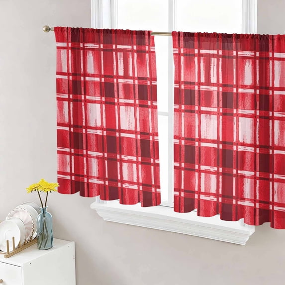 Sheer Curtains 54 Inch Length 2 Panels Set for Kitchen, Red Plaid Semi Sheer Curtains for Windows, Modern Art Checkered Farmhouse Voile Window Treatments Rod Pocket Curtain