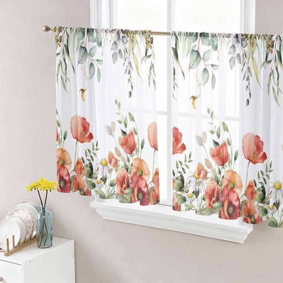 Sheer Curtains 54 Inch Length 2 Panels Set for Kitchen, Red Poppy Semi Sheer Curtains for Windows, Spring Farmhouse Country Flower Leaf Plant Voile Window Treatments Rod Pocket Curtain