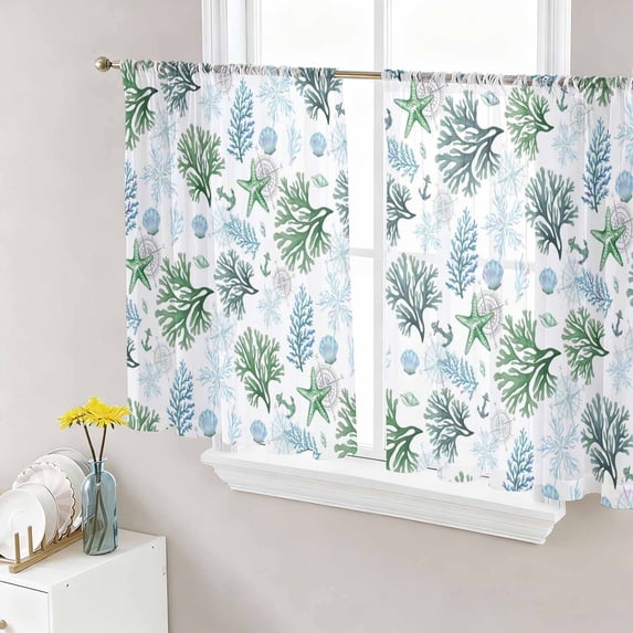 Sheer Curtains 54 Inch Length 2 Panels Set for Kitchen, Sage Green Coastal Semi Sheer Curtains for Windows, Coral Starfish Seaside Summer Beach Voile Window Treatments Rod Pocket Curtain