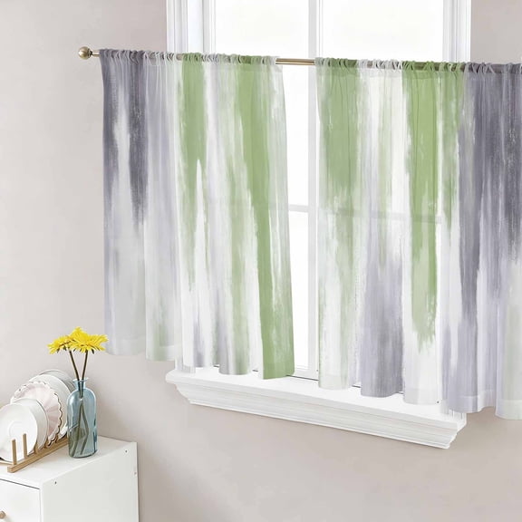 Sheer Curtains 54 Inch Length 2 Panels Set for Kitchen, Sage Green Gray Semi Sheer Curtains for Windows, Gradient Country Abstract Aesthetic Voile Window Treatments Rod Pocket Curtain