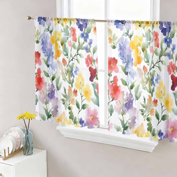 Sheer Curtains 54 Inch Length 2 Panels Set for Kitchen, Spring Flower Semi Sheer Curtains for Windows, Abstract Gradient Blue Purple Red Green Voile Window Treatments Rod Pocket Curtain