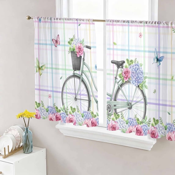 Sheer Curtains 54 Inch Length 2 Panels Set for Kitchen, Spring Semi Sheer Curtains for Windows, Bicycles Botanical Leaves Rose Colorful Stripes Voile Window Treatments Rod Pocket Curtain