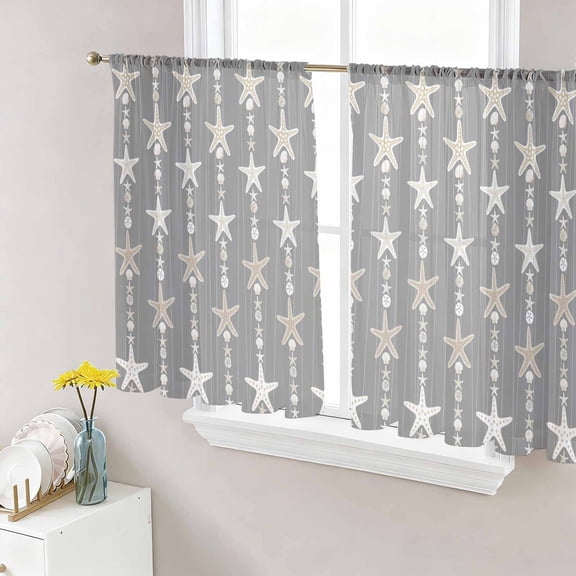 Sheer Curtains 54 Inch Length 2 Panels Set for Kitchen, Starfish Grey Semi Sheer Curtains for Windows, Coastal Ocean Summer Sea Beach Voile Window Treatments Rod Pocket Curtain
