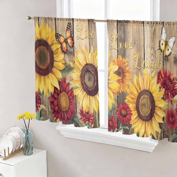 Sheer Curtains 54 Inch Length 2 Panels Set for Kitchen, Sunflower Brown Wooden Semi Sheer Curtains for Windows, Vintage Flowers Butterfly Voile Window Treatments Rod Pocket Curtain