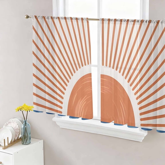 Sheer Curtains 54 Inch Length 2 Panels Set for Kitchen, Sunlight Lines Semi Sheer Curtains for Windows, Orange Sunset Abstract Striped Art Voile Window Treatments Rod Pocket Curtain