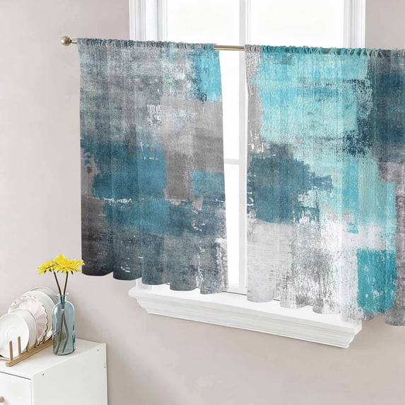 Sheer Curtains 54 Inch Length 2 Panels Set for Kitchen, Teal Grey Semi Sheer Curtains for Windows, Modern Oil Painted Abstract Art Aesthetics Voile Window Treatments Rod Pocket Curtain