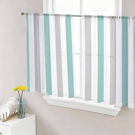 Sheer Curtains 54 Inch Length 2 Panels Set for Kitchen, Turquoise Gray Striped Semi Sheer Curtains for Windows, Farmhouse Stripe Art Voile Window Treatments Rod Pocket Curtain