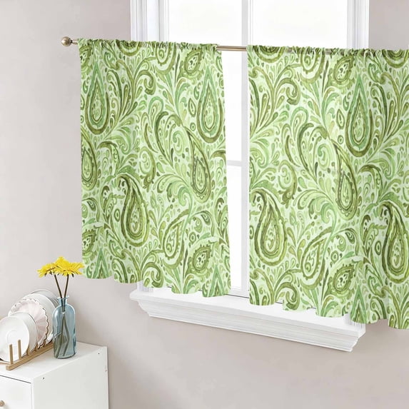 Sheer Curtains 54 Inch Length 2 Panels Set for Kitchen, Vintage Green Semi Sheer Curtains for Windows, Retro Botanical Abstract Art Voile Window Treatments Rod Pocket Curtain