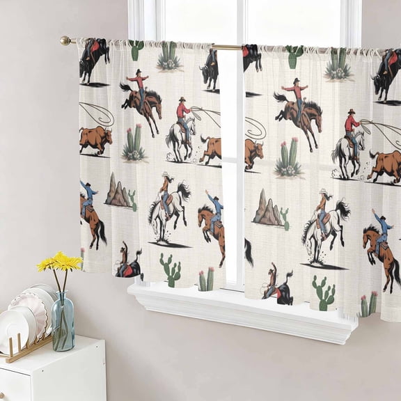 Sheer Curtains 54 Inch Length 2 Panels Set for Kitchen, Western Cowboys Semi Sheer Curtains for Windows, Beige Vintage Country Cactus Voile Window Treatments Rod Pocket Curtain