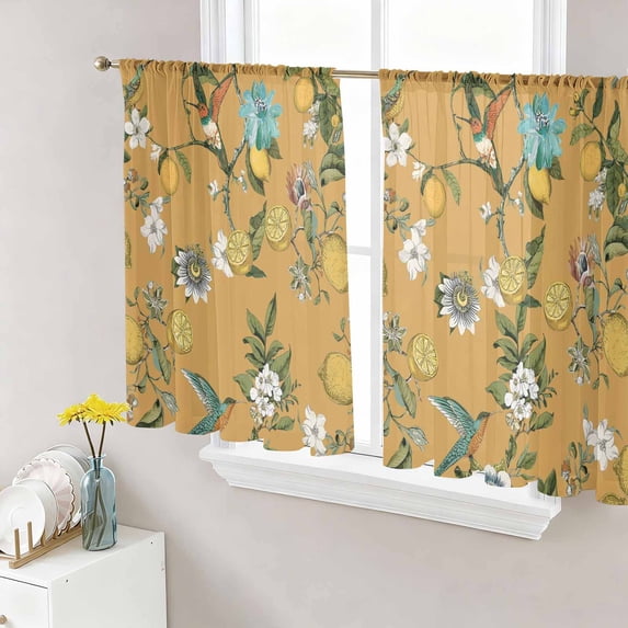 Sheer Curtains 54 Inch Length 2 Panels Set for Kitchen, Yellow Botanical Semi Sheer Curtains for Windows, Spring Floral Summer Lemon Birds Voile Window Treatments Rod Pocket Curtain
