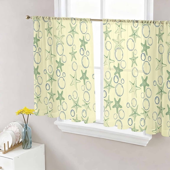Sheer Curtains 54 Inch Length 2 Panels Set for Kitchen, Yellow Green Coastal Semi Sheer Curtains for Windows, Starfish Nautical Ocean Sea Wooden Voile Window Treatments Rod Pocket Curtain