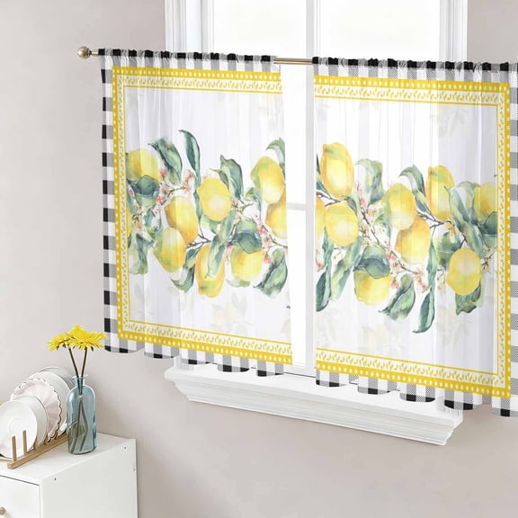 Sheer Curtains 54 Inch Length 2 Panels Set for Kitchen, Yellow Lemon Semi Sheer Curtains for Windows, Summer Botanical Black White Plaid Pastoral Voile Window Treatments Rod Pocket Curtain