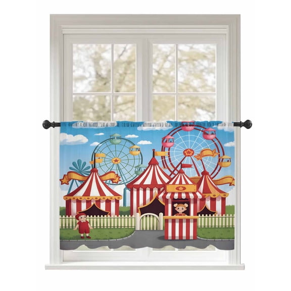 Sheer Curtains 54 Inch Length, Amusement Park Semi Sheer Curtains Light Filtering Window Treatment, Cute Cartoon Wheelwheels Circus Privacy Voile Drapes for Living Room Bedroom 52x54 Inch