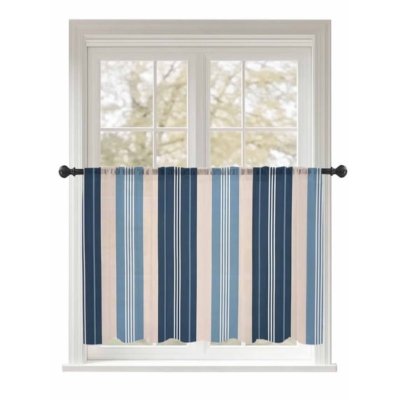 Sheer Curtains 54 Inch Length, Blue Beige Striped Semi Sheer Curtains Light Filtering Window Treatment, Modern Stripes Art Farmhouse Privacy Voile Drapes for Living Room Bedroom 52x54 Inch
