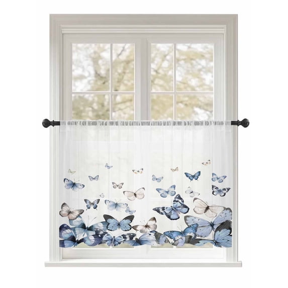 Sheer Curtains 54 Inch Length, Blue Butterflies Semi Sheer Curtains Light Filtering Window Treatment, Elegant Pastoral Butterfly Privacy Voile Drapes for Living Room Bedroom 52x54 Inch