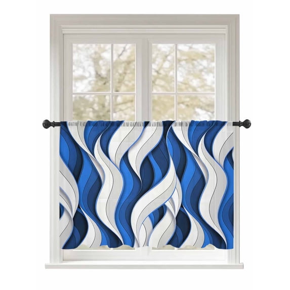 Sheer Curtains 54 Inch Length, Blue White Moire Semi Sheer Curtains Light Filtering Window Treatment, Modern Abstract Art Privacy Voile Drapes for Living Room Bedroom 52x54 Inch