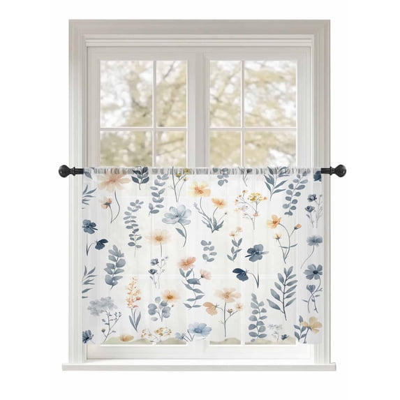 Sheer Curtains 54 Inch Length, Blue Yellow Spring Floral Semi Sheer Curtains Light Filtering Window Treatment, Watercolor Botanical Flowers Privacy Voile Drapes for Living Room Bedroom 52x54 Inch