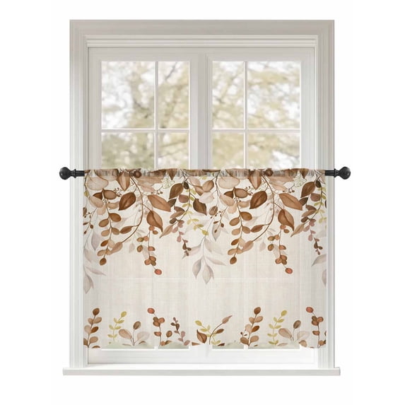 Sheer Curtains 54 Inch Length, Brown Orange Eucalyptus Semi Sheer Curtains Light Filtering Window Treatment, Farmhouse Weeping Leaves Linen Privacy Voile Drapes for Living Room Bedroom 52x54 Inch