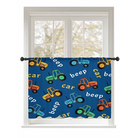 Sheer Curtains 54 Inch Length, Cartoon Tractor Semi Sheer Curtains Light Filtering Window Treatment, Cute Beep Car Digger Shovel Truck Blue Privacy Voile Drapes for Living Room Bedroom 52x54 Inch