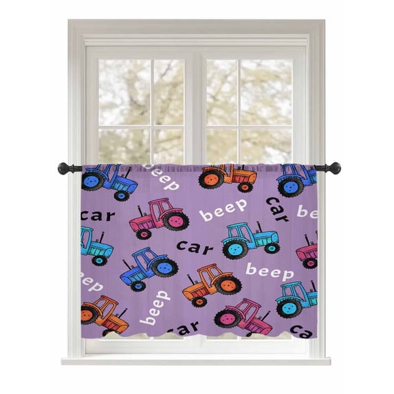 Sheer Curtains 54 Inch Length, Cartoon Tractor Semi Sheer Curtains Light Filtering Window Treatment, Cute Beep Car Digger Shovel Truck Light Purple Privacy Voile Drapes for Living Room 52x54 Inch