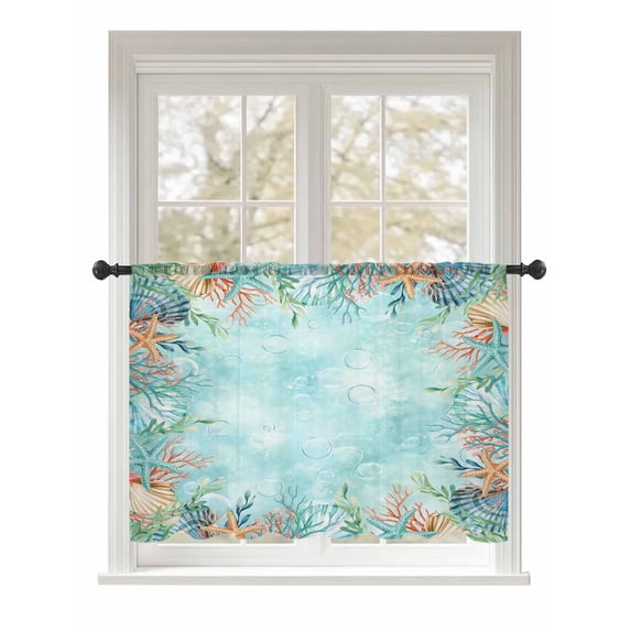 Sheer Curtains 54 Inch Length, Coastal Semi Sheer Curtains Light Filtering Window Treatment, Summer Nautical Beach Coral Starfish Blue Ombre Privacy Voile Drapes for Living Room Bedroom 52x54 Inch