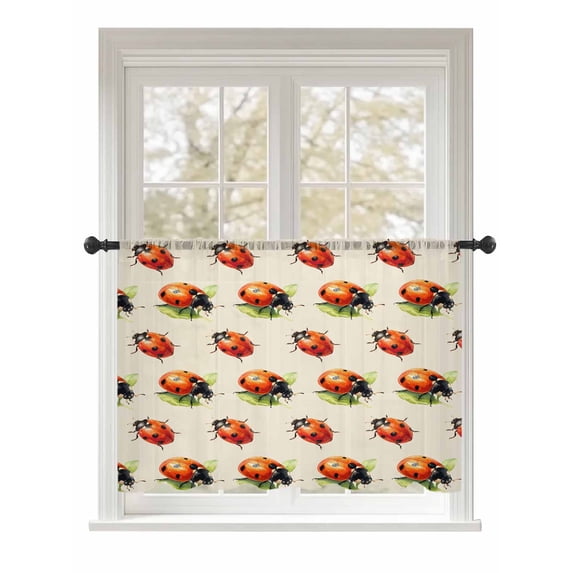 Sheer Curtains 54 Inch Length, Cute Ladybugs Semi Sheer Curtains Light Filtering Window Treatment, Spring Botanical Leaves Beige Privacy Voile Drapes for Living Room Bedroom 52x54 Inch