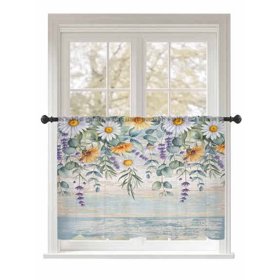 Sheer Curtains 54 Inch Length, Floral Eucalyptus Leaves Semi Sheer Curtains Light Filtering Window Treatment, Daisy Summer Botanical Wooden Privacy Voile Drapes for Living Room Bedroom 52x54 Inch