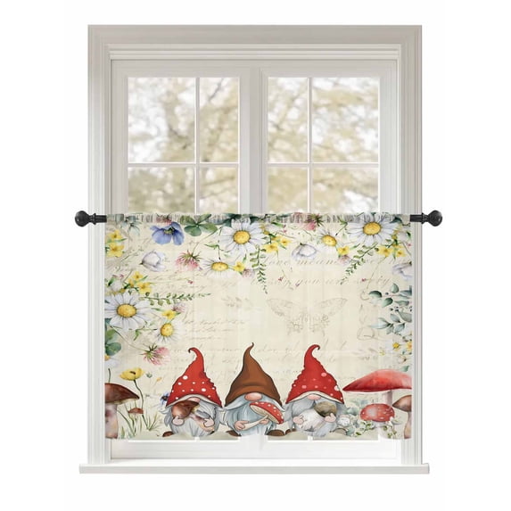 Sheer Curtains 54 Inch Length, Gnomes Spring Floral Semi Sheer Curtains Light Filtering Window Treatment, Daisy Pastoral Flowers Watercolor Privacy Voile Drapes for Living Room Bedroom 52x54 Inch