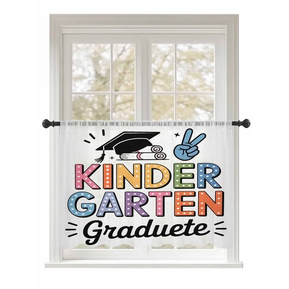 Sheer Curtains 54 Inch Length, Graduation Hat Semi Sheer Curtains Light Filtering Window Treatment, Funny Words Colorful Modern Art Privacy Voile Drapes for Living Room Bedroom 52x54 Inch