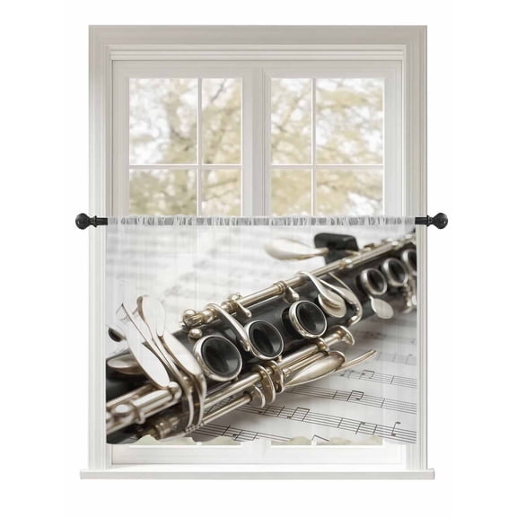 Sheer Curtains 54 Inch Length, Musical Instrument Semi Sheer Curtains Light Filtering Window Treatment, Saxophone Sheet Music Elegant Art Privacy Voile Drapes for Living Room Bedroom 52x54 Inch