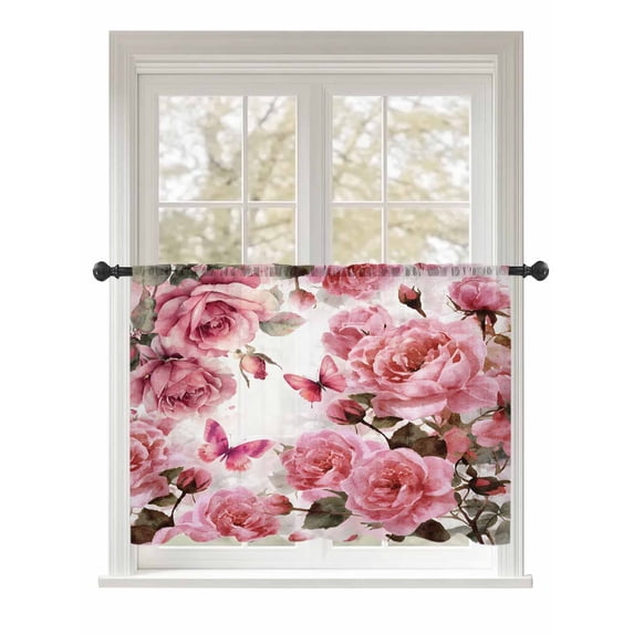 Sheer Curtains 54 Inch Length, Pink Roses Semi Sheer Curtains Light Filtering Window Treatment, Spring Floral Elegant Pastoral Butterfly Privacy Voile Drapes for Living Room Bedroom 52x54 Inch