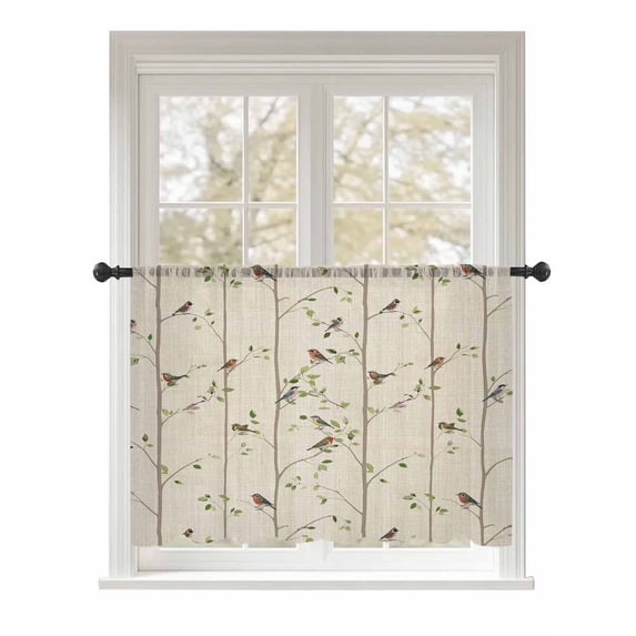 Sheer Curtains 54 Inch Length, Sparrow Semi Sheer Curtains Light Filtering Window Treatment, Spring Birds on The Branches Retro Country Beige Privacy Voile Drapes for Living Room Bedroom 52x54 Inch