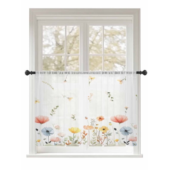 Sheer Curtains 54 Inch Length, Spring Wildflowers Semi Sheer Curtains Light Filtering Window Treatment, Watercolor Rustic Flowers Floral Leaves Privacy Voile Drapes for Living Room 52x54 Inch