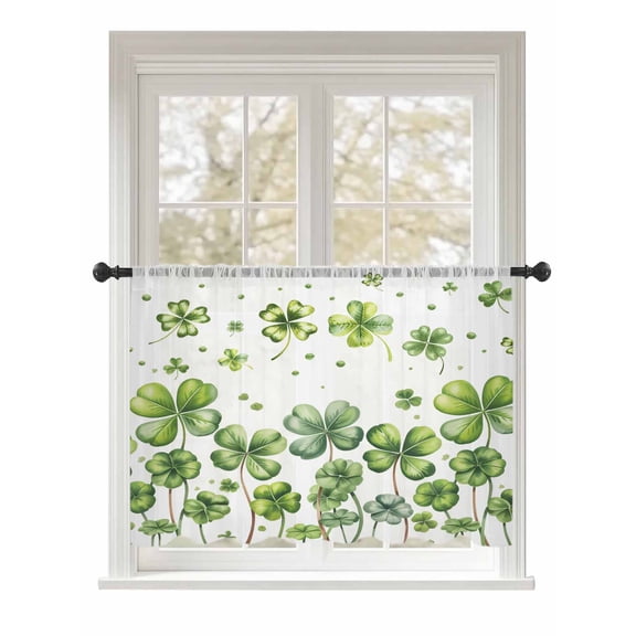 Sheer Curtains 54 Inch Length, St. Patrick's Day Semi Sheer Curtains Light Filtering Window Treatment, Spring Sage Green Four Leaf Grass Privacy Voile Drapes for Living Room Bedroom 52x54 Inch
