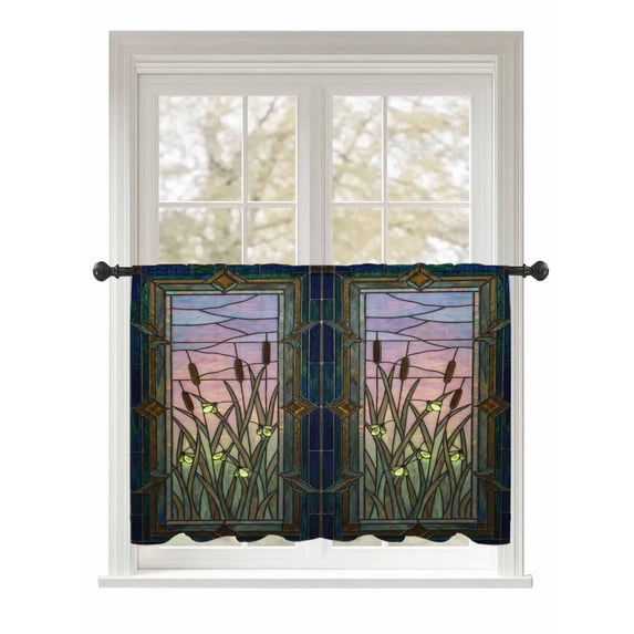 Sheer Curtains 54 Inch Length, Stained Glass Semi Sheer Curtains Light Filtering Window Treatment, Vintage Abstract Botanical Plant Privacy Voile Drapes for Living Room Bedroom 52x54 Inch