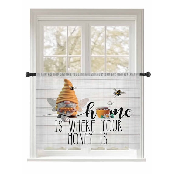Sheer Curtains 54 Inch Length, Summer Gnomes Bees Semi Sheer Curtains Light Filtering Window Treatment, Farmhouse Chic Honey Wooden Grain Privacy Voile Drapes for Living Room Bedroom 52x54 Inch