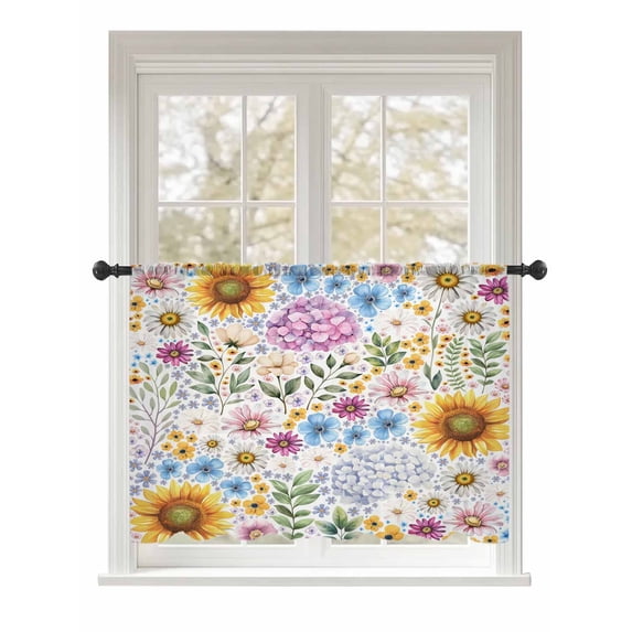 Sheer Curtains 54 Inch Length, Sunflower Semi Sheer Curtains Light Filtering Window Treatment, Colorful Flowers Summer Botanical Watercolor Privacy Voile Drapes for Living Room Bedroom 52x54 Inch