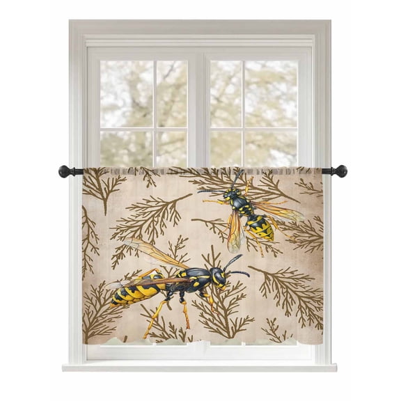 Sheer Curtains 54 Inch Length, Vintage Bee Semi Sheer Curtains Light Filtering Window Treatment, Vintage Brown Tree Branch Privacy Voile Drapes for Living Room Bedroom 52x54 Inch