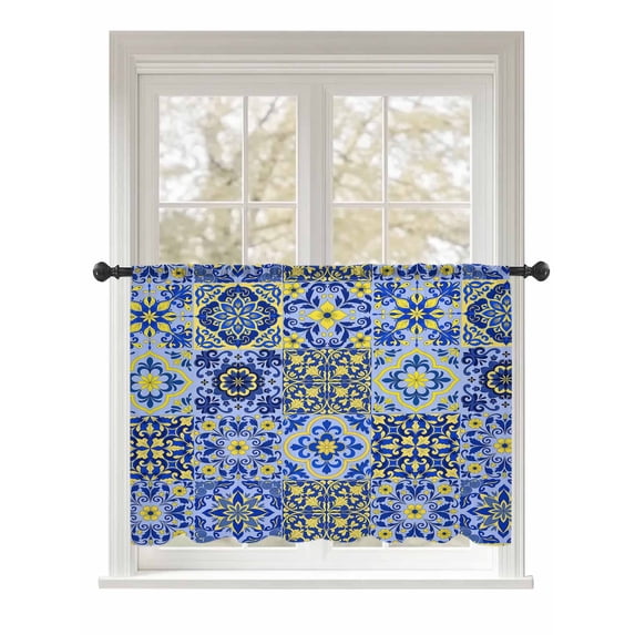 Sheer Curtains 54 Inch Length, Vintage Boho Semi Sheer Curtains Light Filtering Window Treatment, Middle Century Bohemia Style Patchwork Blue Privacy Voile Drapes for Living Room Bedroom 52x54 Inch
