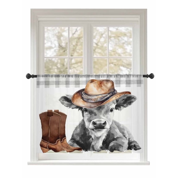 Sheer Curtains 54 Inch Length, Western Cow Semi Sheer Curtains Light Filtering Window Treatment, Grey Checkered Farmhouse Art Privacy Voile Drapes for Living Room Bedroom 52x54 Inch